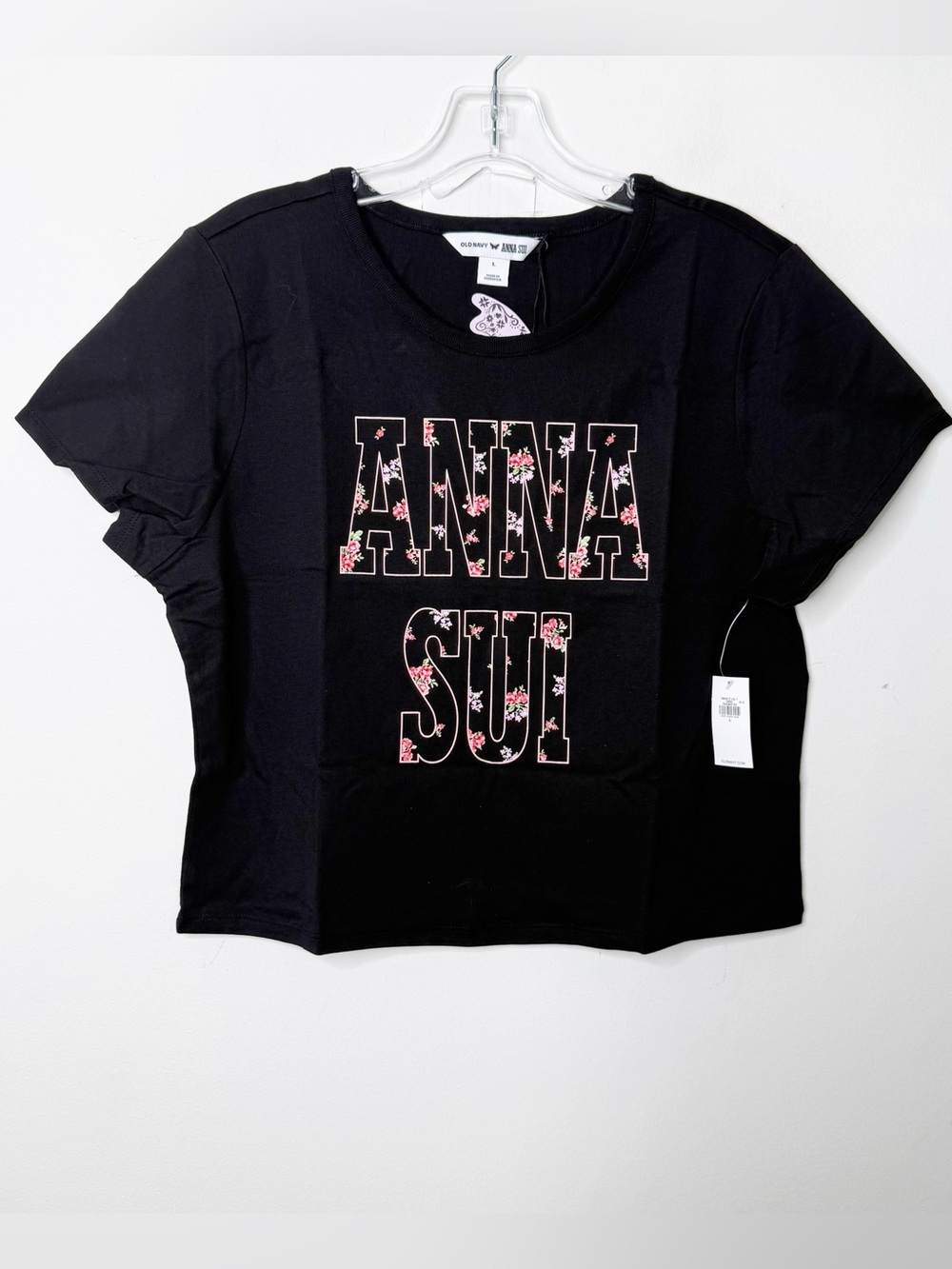 Nwt Anna Sui X Old Navy | Black Floral Print Logo Ringer Crop Tee Top Large & Xl — image 2 of 5